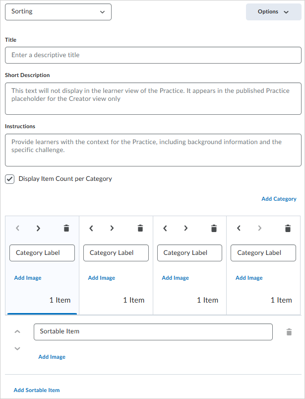 A tela de criação da prática de classificação no Brightspace, mostrando campos para Título, Descrição Curta e Instruções, com opções para adicionar categorias e itens classificáveis. A caixa de seleção "Exibir Contagem de Itens por Categoria" está marcada e vários rótulos e itens de categoria são exibidos.