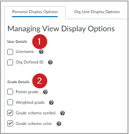 The User Details and Grade Details display options.