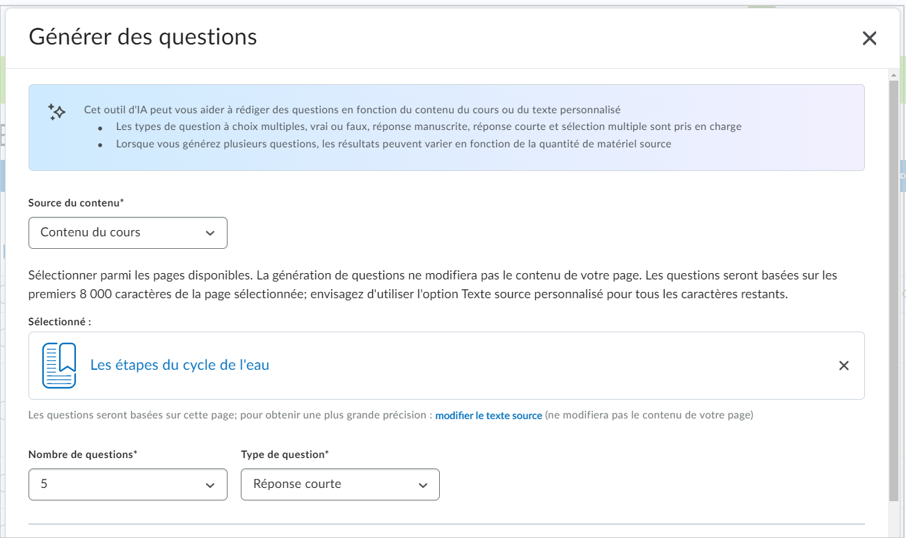 La boîte de dialogue Générer des questions, qui affiche les sélections Source du contenu, Nombre de questions et Type de question