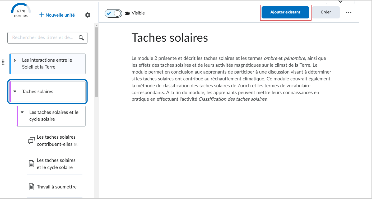 L'option Ajouter un élément existant dans un module.