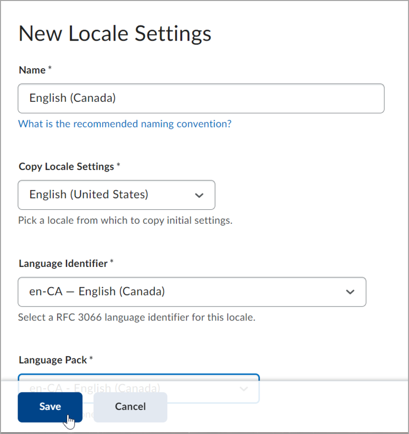 The New Locale Settings page