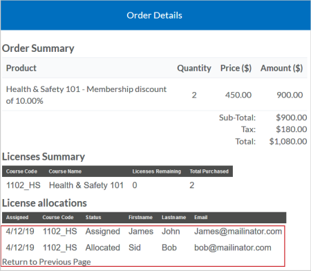 The License allocations section on the Order Details page showing enrolments