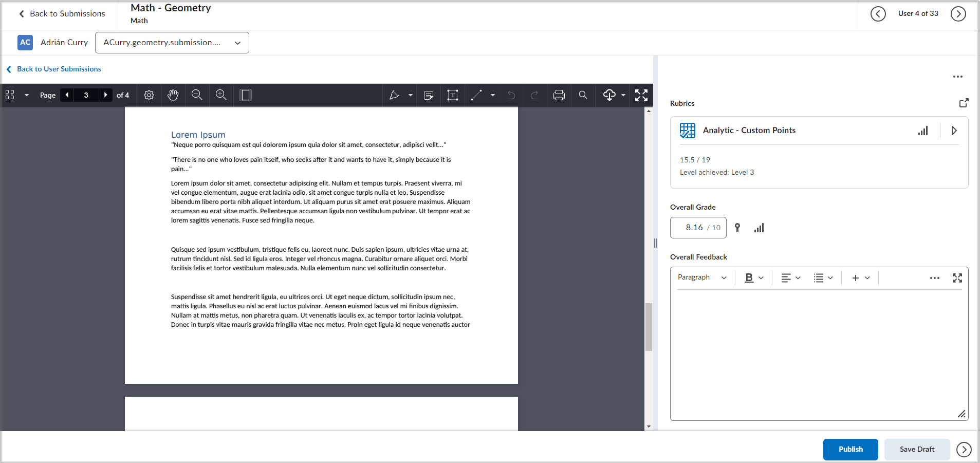 An example of the Instructor view when evaluating assignments in the consistent evaluation experience.