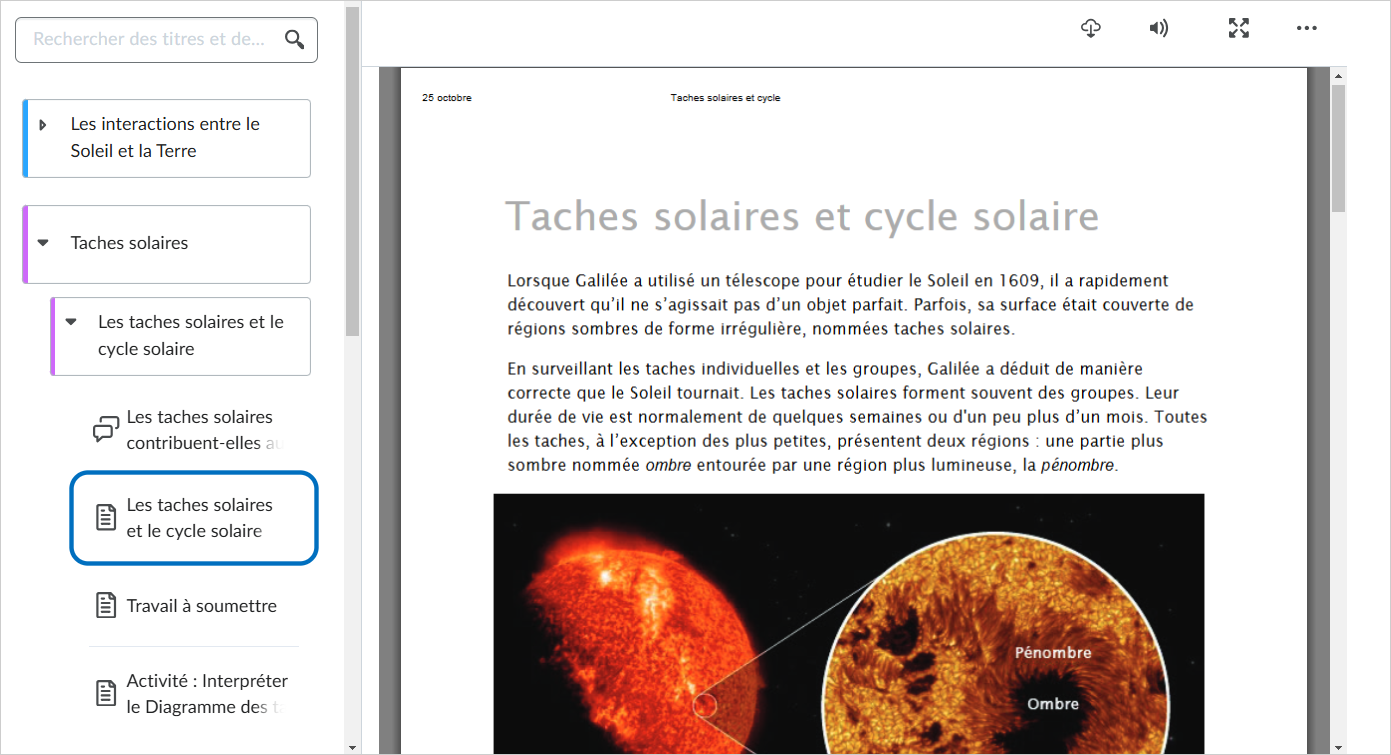 Une vue de la Nouvelle expérience de contenu, ou Leçons.