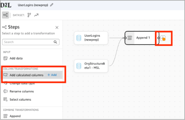 Analytics Builder left pane highlighting Add calculated columns option with Add action selected.