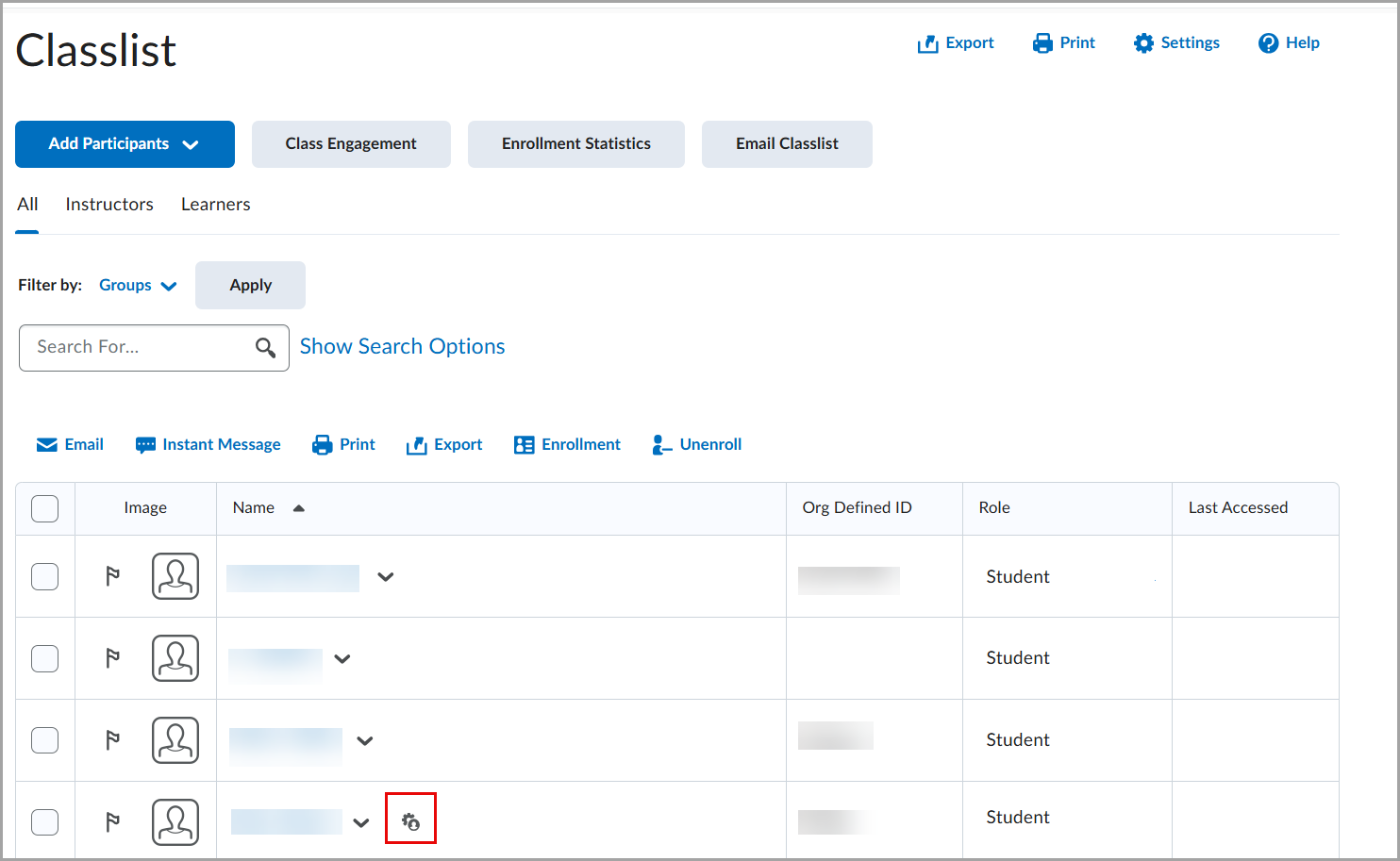 The Classlist page displaying a list of learners with columns for image, name, org-defined ID, role, and last accessed, with an accommodations icon highlighted next to one learner’s name.