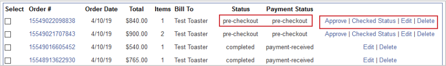 The pre-checkout status for the Status and Payment Status columns for an order.