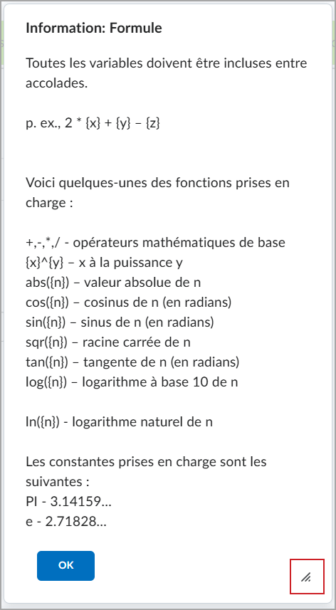 Boîte de dialogue d’aide sur les formules affichant le contenu complet avec option de redimensionnement de la fenêtre