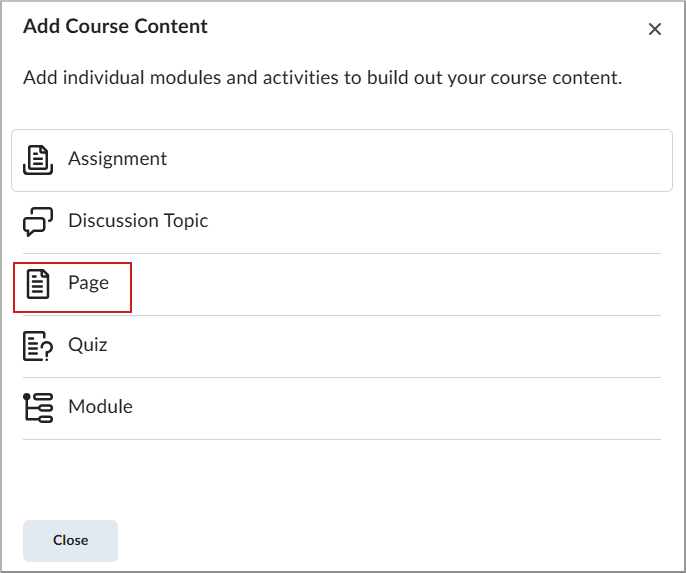The Page option selected in the Add Content menu.