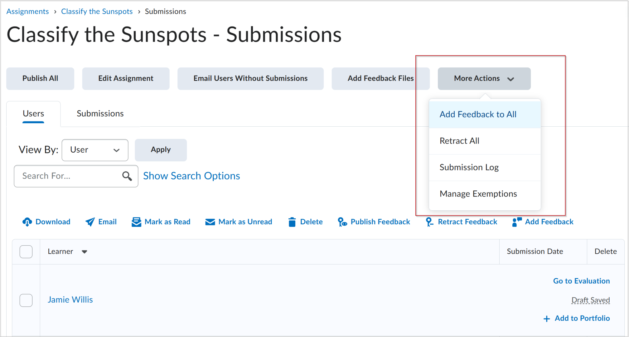 Assignments Submissions page in Brightspace with 'More Actions' menu expanded and 'Add Feedback to All' option highlighted.