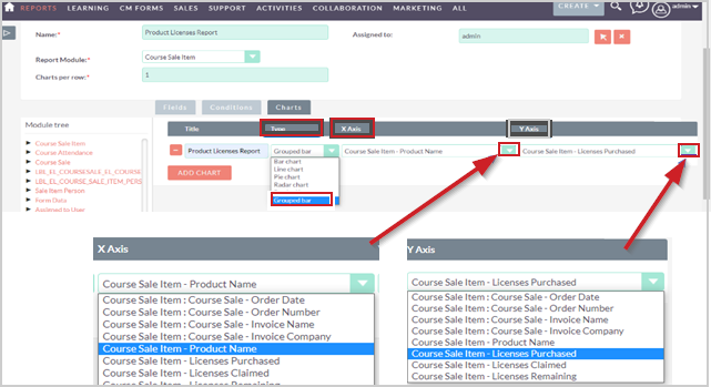 The X and Y axis options for a report