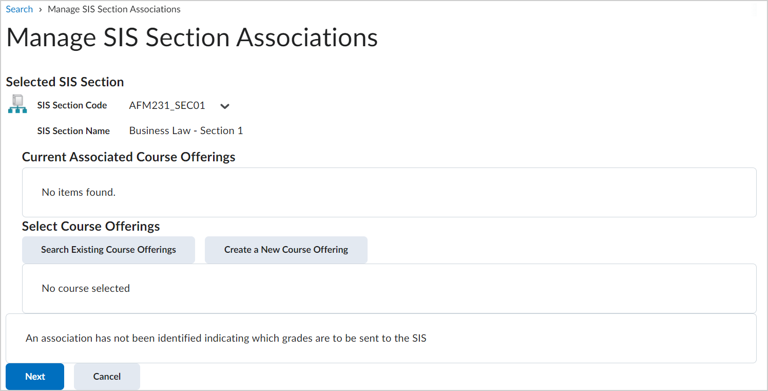 The Manage SIS Section Associations page.