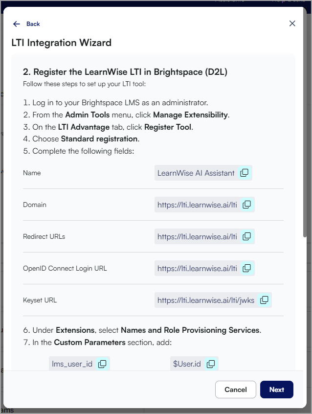 Se seleccionó Brightspace en el asistente de integración