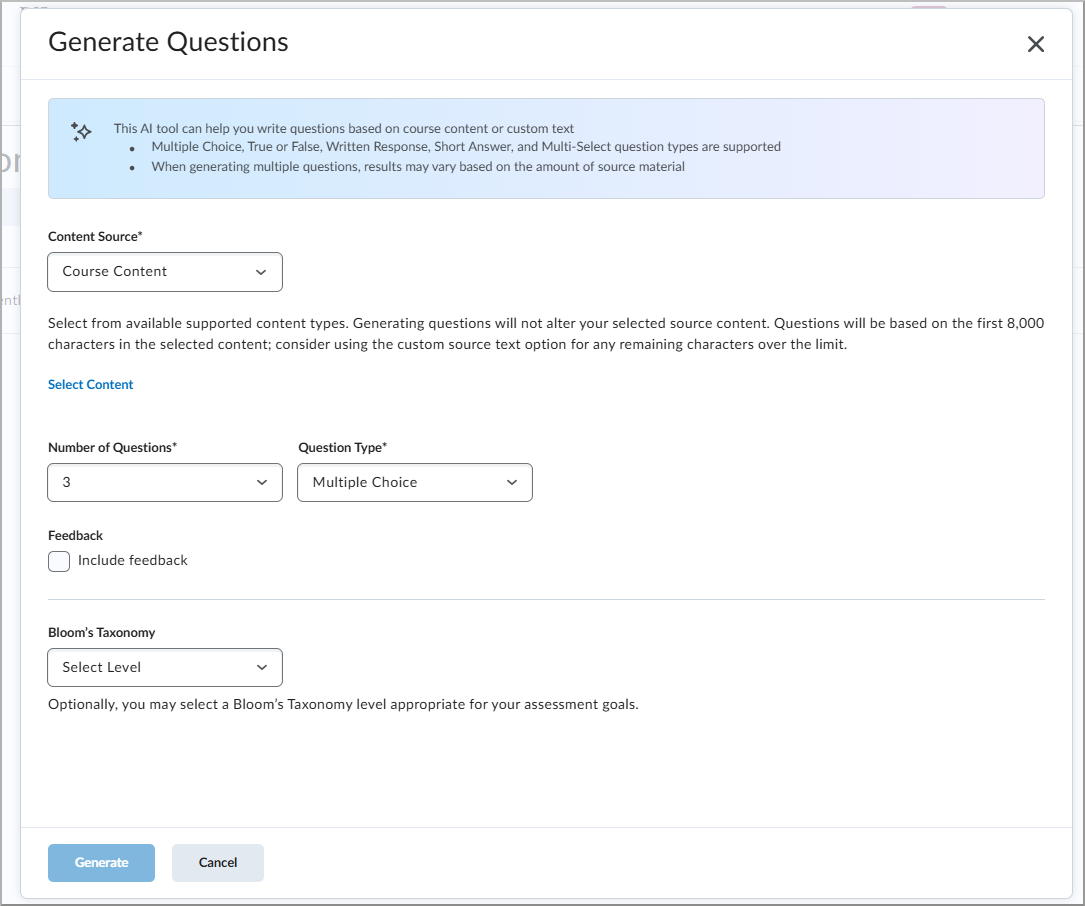 Generate Questions dialog showing Lumi AI options to select content, question type, quantity, and Bloom's level.