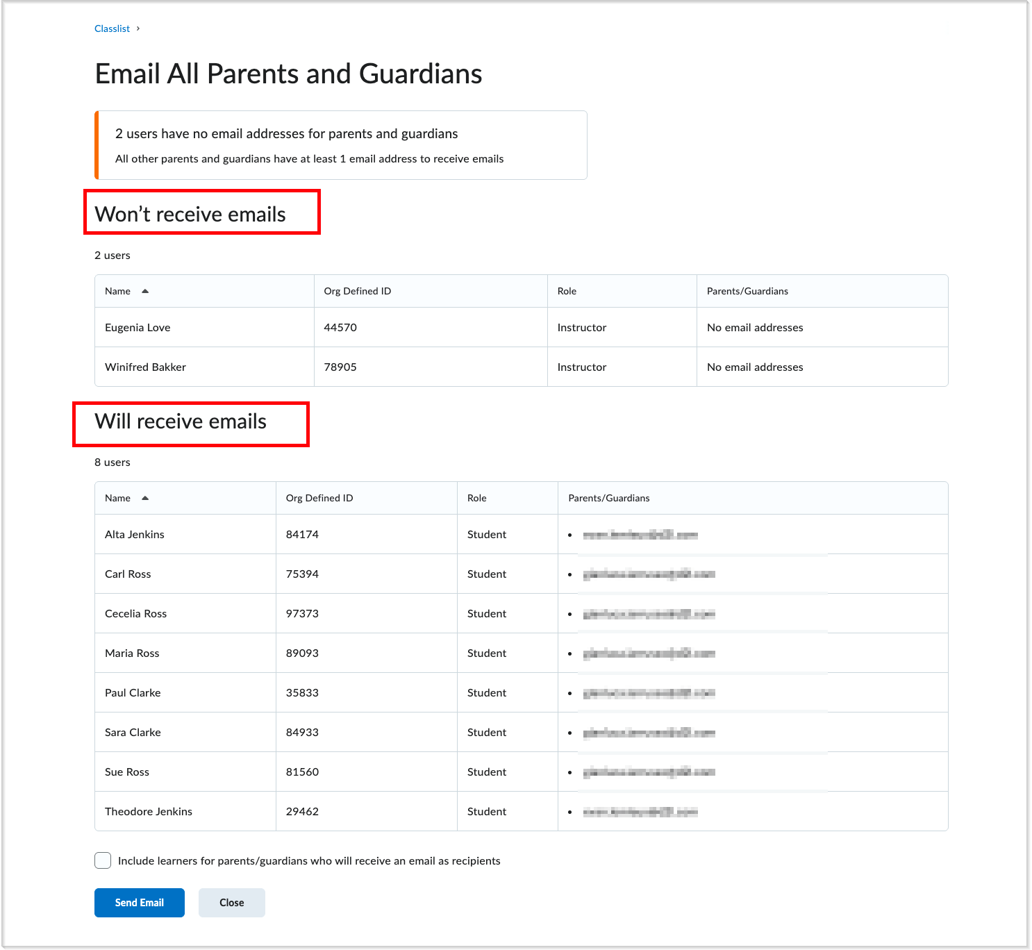List showing which parents will and won’t receive emails based on address availability