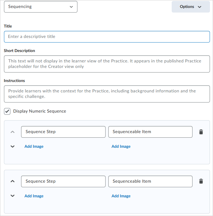 A tela de criação da prática de sequenciamento no Brightspace, mostrando campos para Título, Descrição Curta e Instruções e opções para adicionar etapas e itens de sequência. A caixa de seleção "Exibir Sequência Numérica" está marcada.