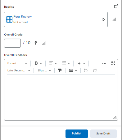 Os campos Rubricas, Nota Geral e Feedback Geral usados para avaliar os envios de atividades de um aluno.
