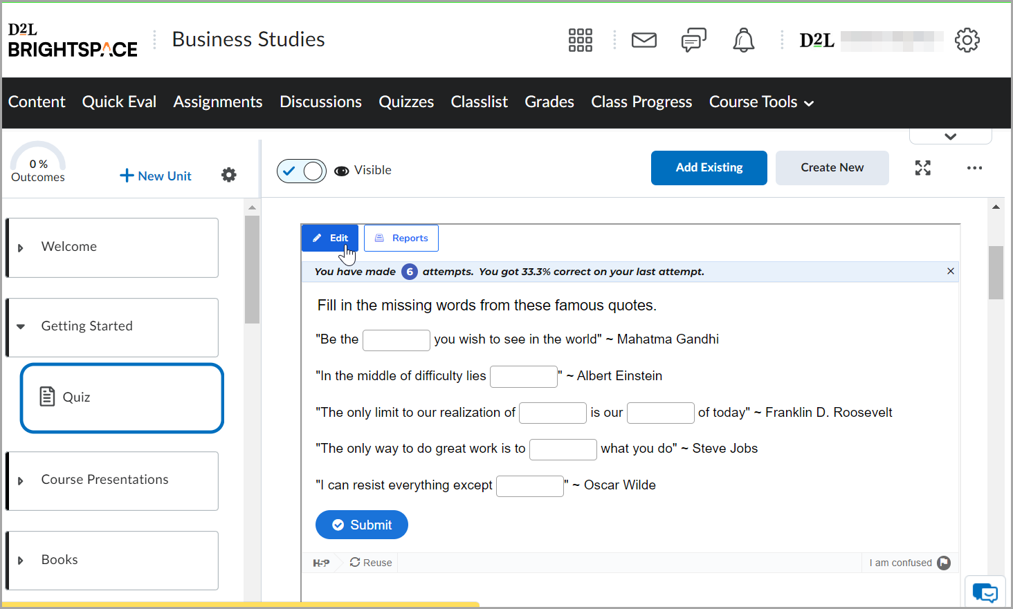 Bouton Modifier pour la tâche H5P Réponses à compléter.