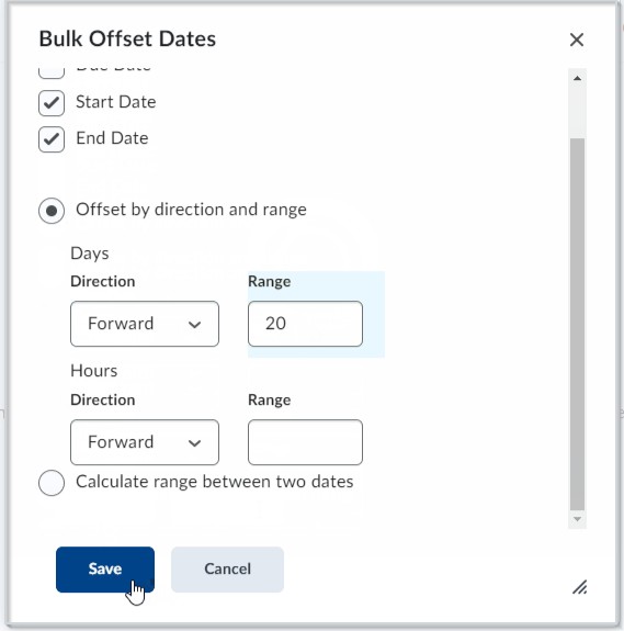 The Manage Dates tool, showing a pair of Intelligent Agents selected in the table and the Bulk Offset Dates button highlighted.