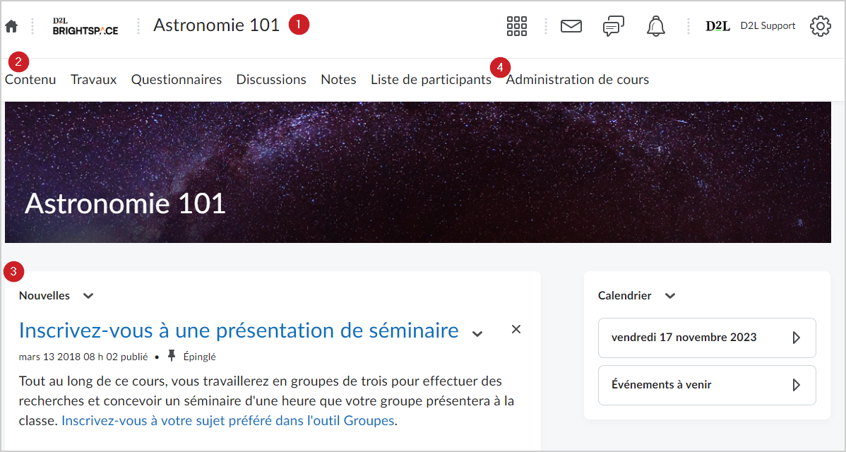 Page d’accueil du cours, mettant en surbrillance le titre du cours, le Contenu, le composant graphique Nouvelles et le menu Administration de cours.