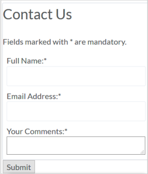 A Contact Us form example showing fields for a name, email address, and comments and the Submit button