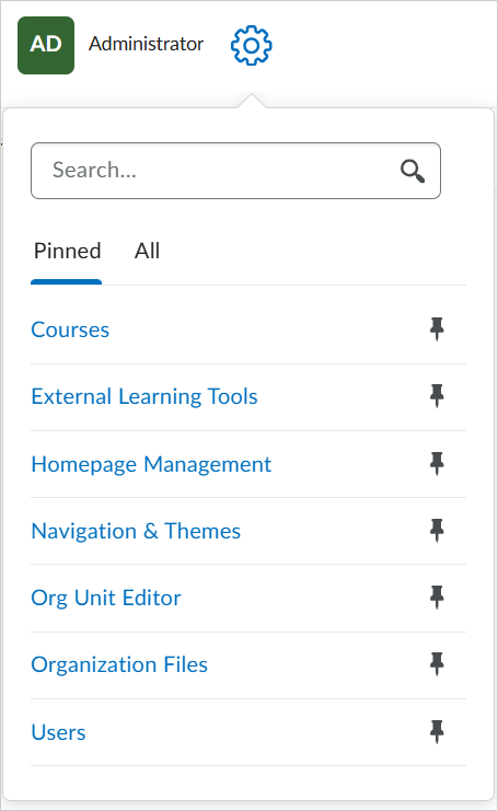 The Pinned tab of the new Admin Tools menu.