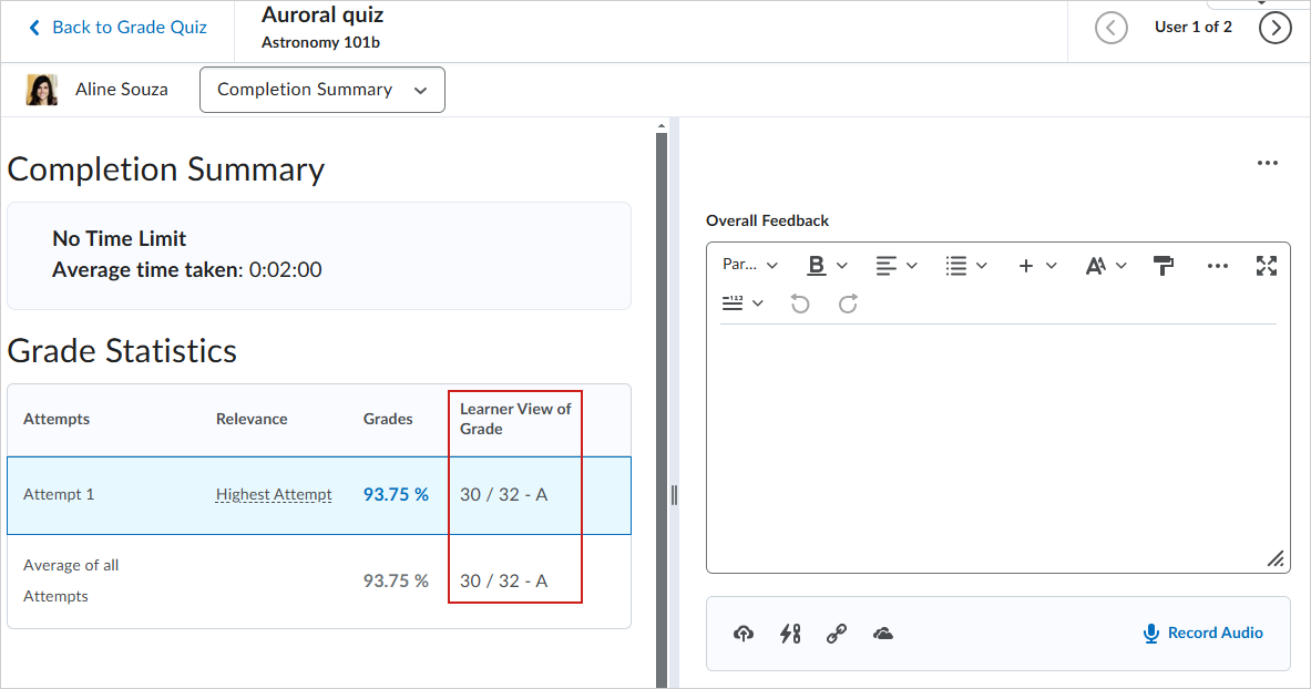 The Completion Summary page with Learner View of Grade highlighted.