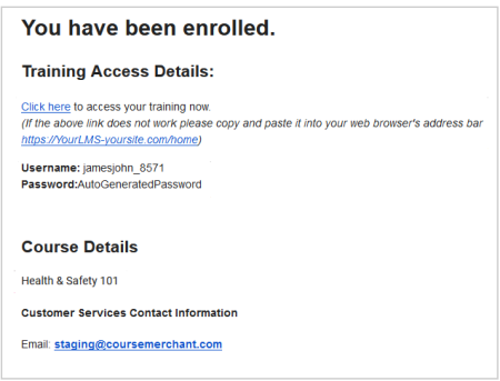 The enrolment email for a learner with a username and password