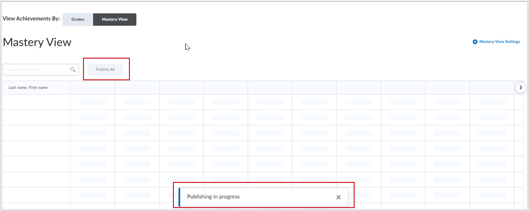In the Mastery View table in Grades, the Publish All button is selected and a pop-up dialog displays Publishing in progress