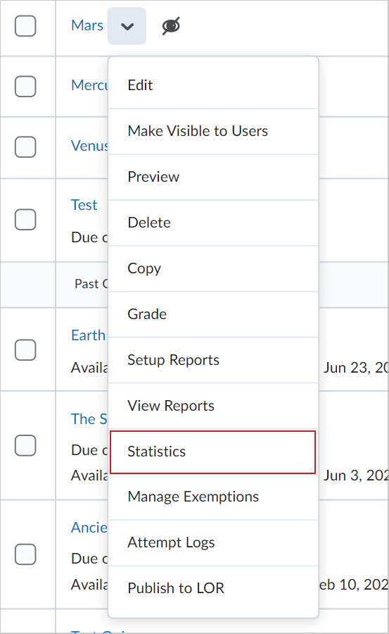 The Statistics option in the Actions drop-down menu for a quiz