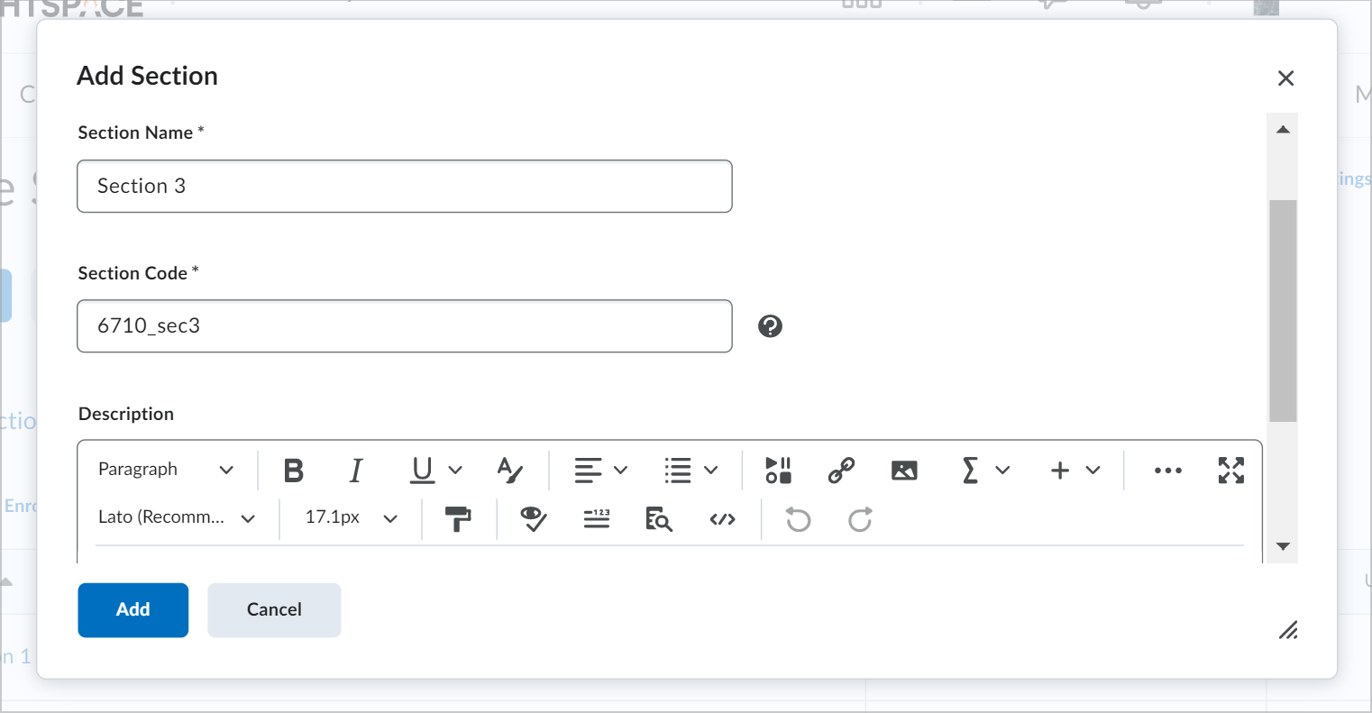 The Add Section dialog showing the Section Name, Section Code, and Description fields