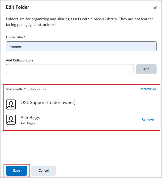 Edit folder screen with Share with list highlighted.
