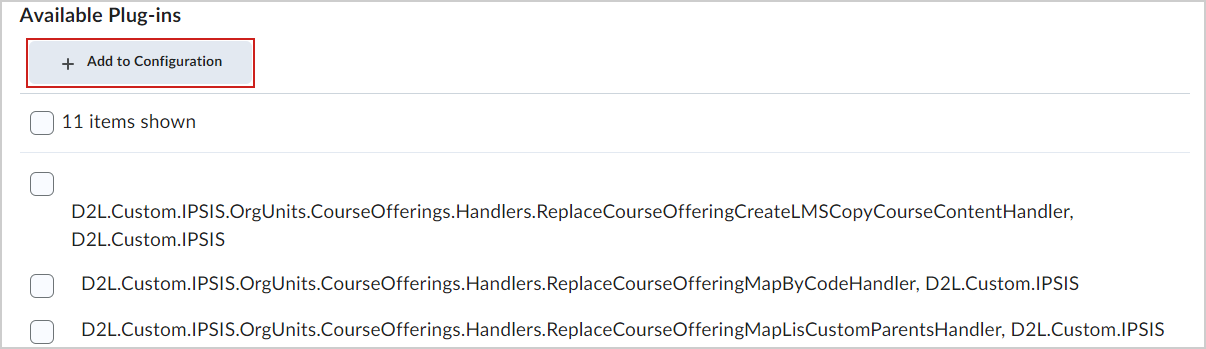 O botão Adicionar à configuração da seção Plug-ins disponíveis.