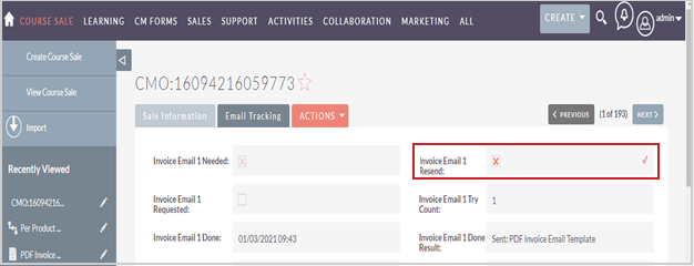 The Invoice Email 1 Resend field for a course record