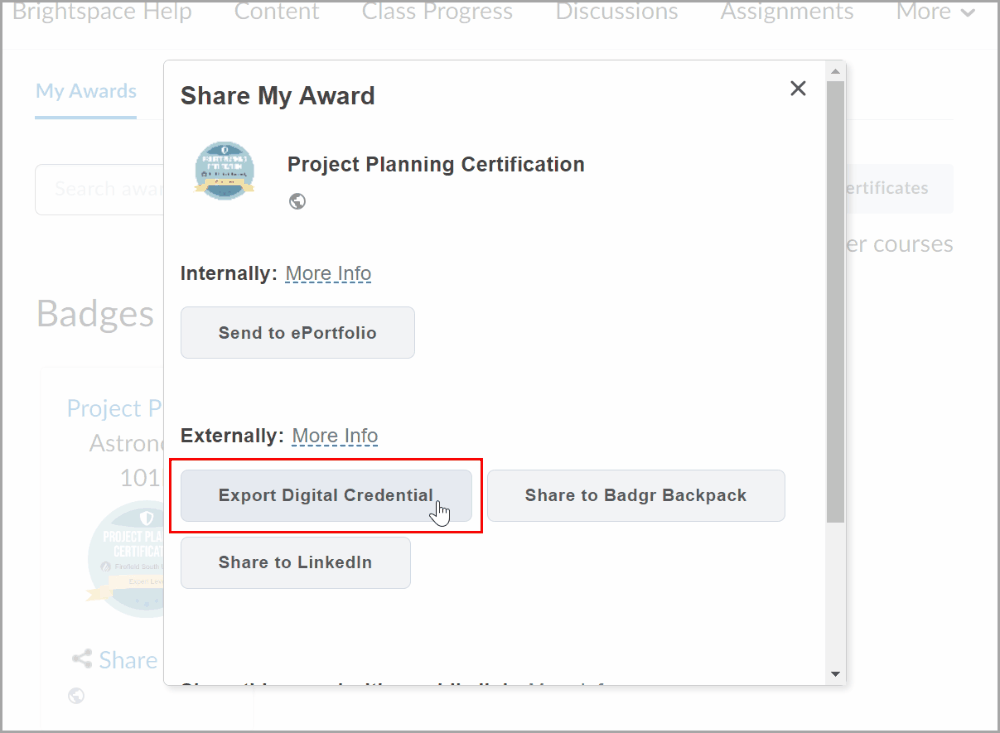 The Share My Award window with the Export Digital Credential button highlighted