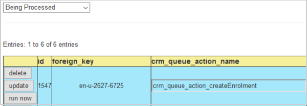 Um exemplo da fila de CRM com registros sendo processados