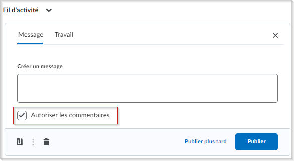 La case Autoriser les commentaires du composant graphique Fil d'activité. La case à cocher se trouve sous le champ Créer un message de l'onglet Message.