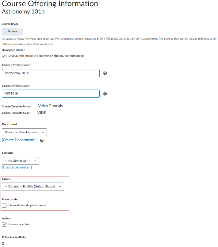 A página Informações da Oferta de Curso no Brightspace para Astronomia 101b.
