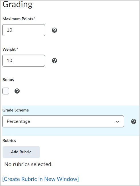 The Grading area of the Pass/Fail new item page.