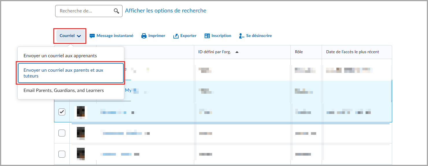 Le menu déroulant Courriel développé montrant l’option Envoyer un courriel aux parents et tuteurs