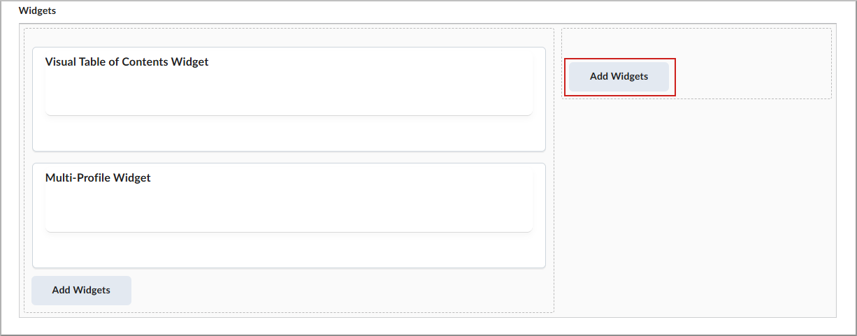 De sectie Widgets waarin de knop Widgets toevoegen is uitgelicht.