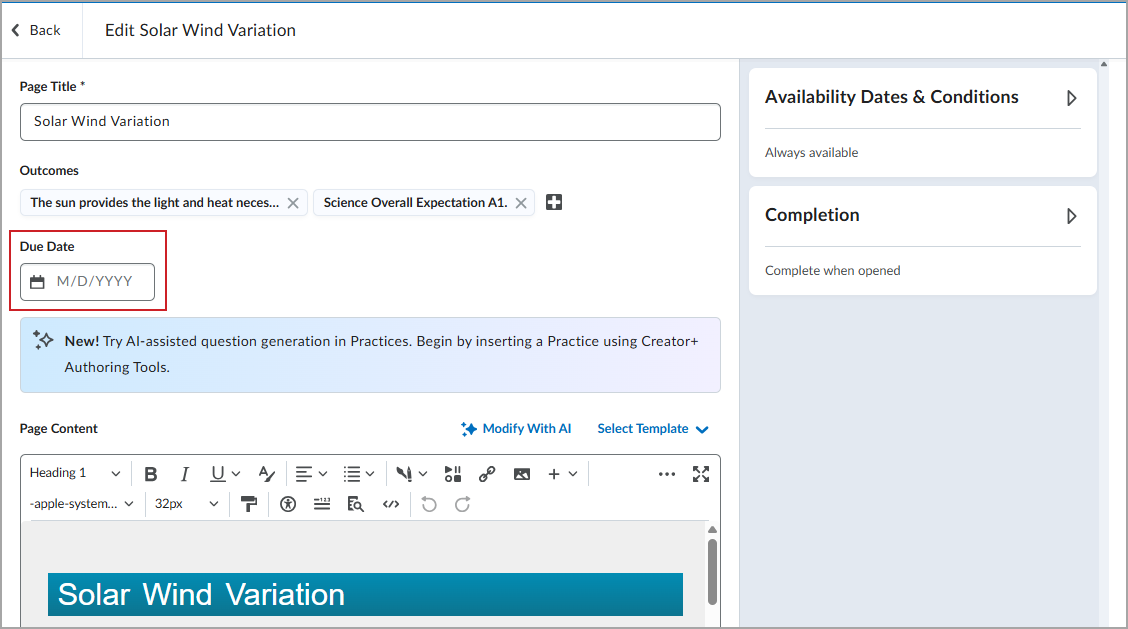 The Edit page for a module showing the Due Date field