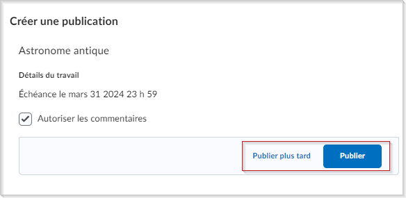 La boîte de dialogue Créer une publication présente les renseignements sur le travail. Les options Publier plus tard et Publier sont mises en évidence.