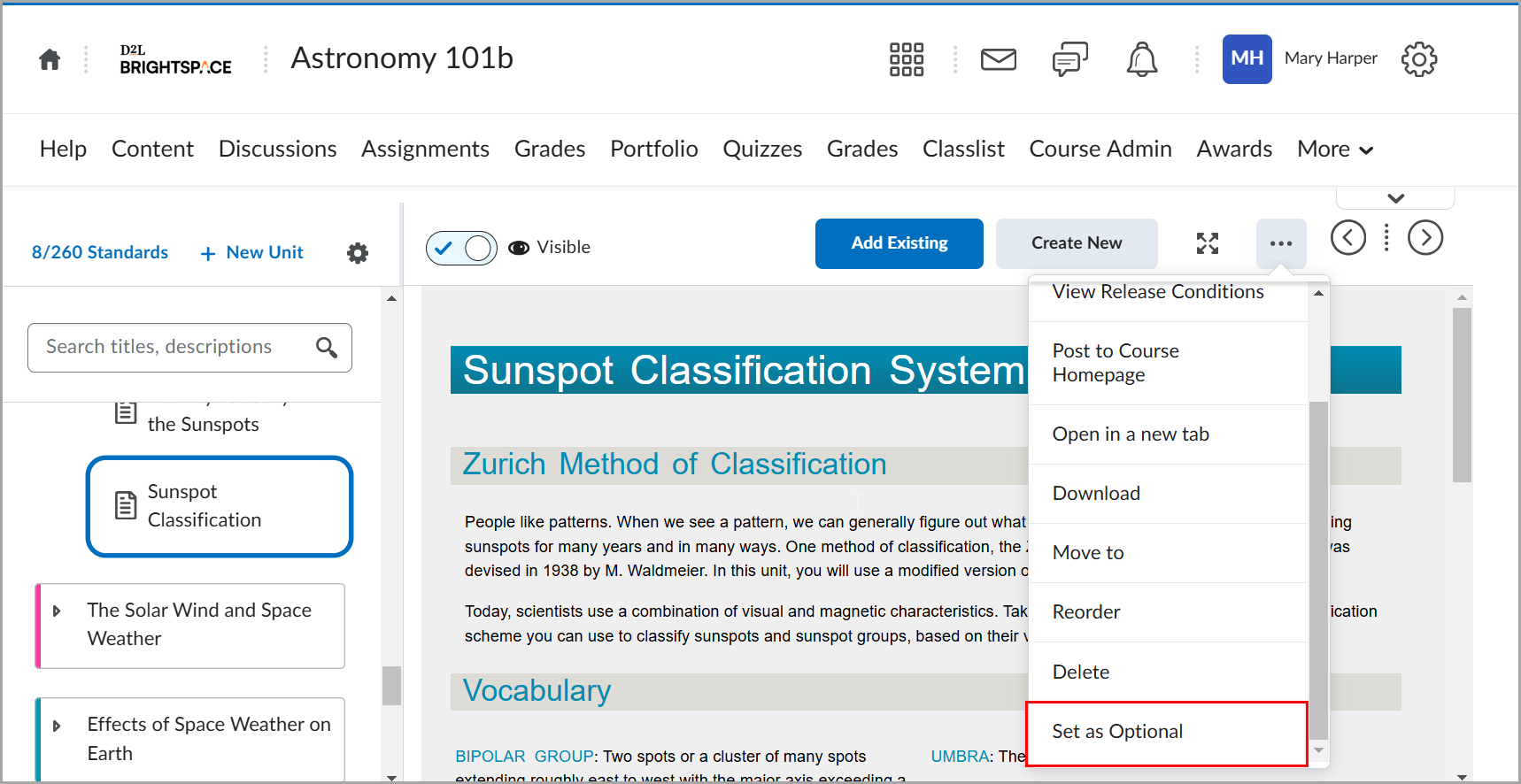 O menu Opções da ferramenta de Conteúdo exibindo a opção Definir como Opcional para um tópico de conteúdo