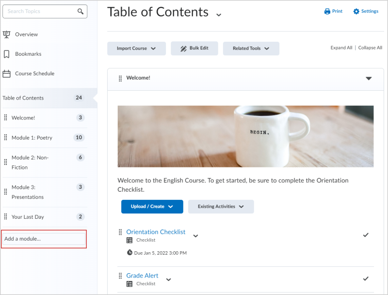 The Add a module field of the Table of Contents page.