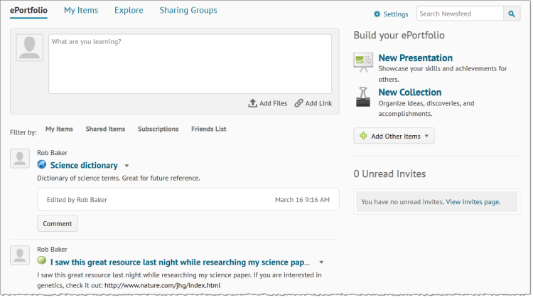 Brightspace ePortfolio dashboard page