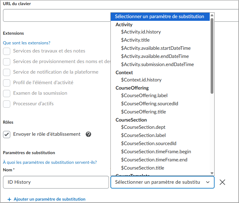 Interface de sélection des paramètres de substitution d'IOA, qui comporte le menu déroulant avec les nouveaux paramètres.