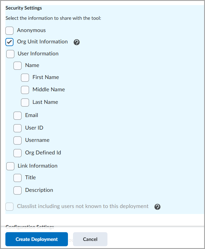 El área Configuración de seguridad con la opción Información de la unidad de organización seleccionada y el botón Crear implementación visible.