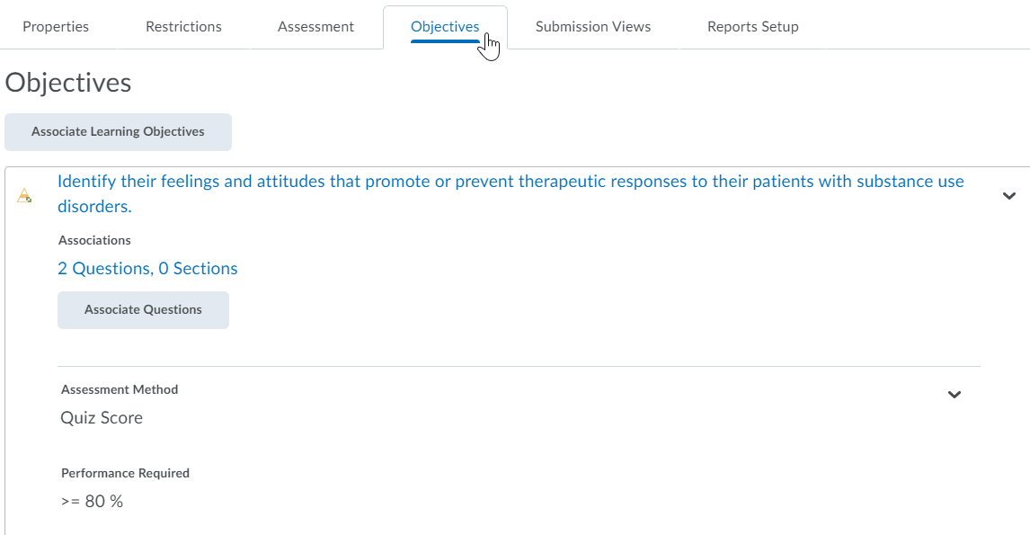 expanded view of the objectives aligned to quiz and assessment of quiz score