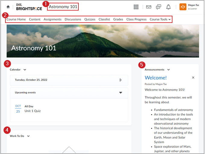 Course homepage elements with a text-based navbar.